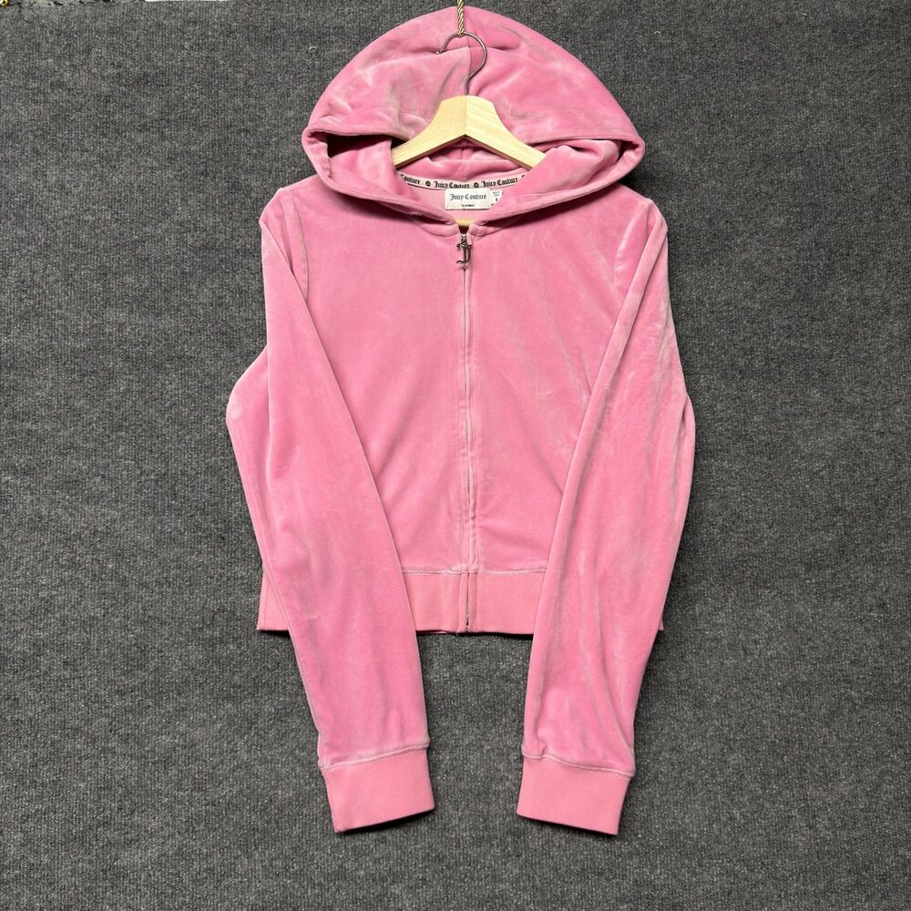 Juicy Couture Velour Hoodie Womens M Pink Full Zip Rhinestone Juicy Y2K Logo - Picture 10 of 16